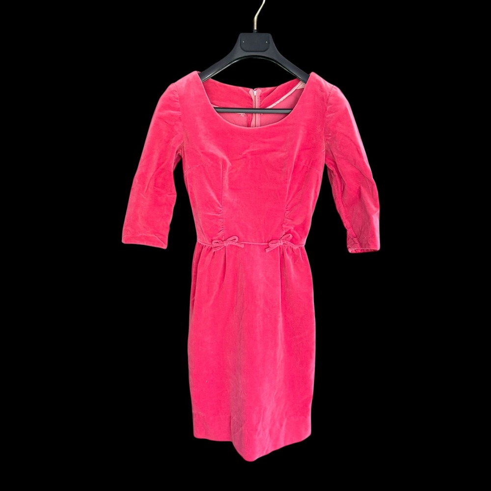 Vintage 60s Pink Velvet‎ Sheath Dress Bow Waist Talon Zip 3/4 Sleeve Mid Century